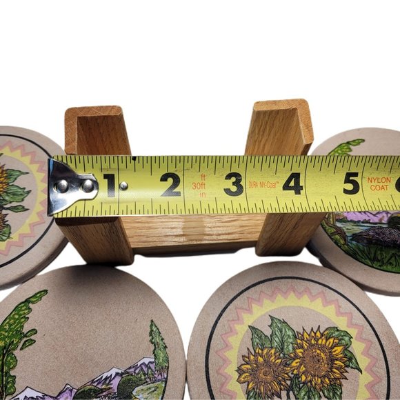 Absorbent Stone 4 Coaster Set With Oak Wood Holder Ducks and Sunflowers - Picture 7 of 7